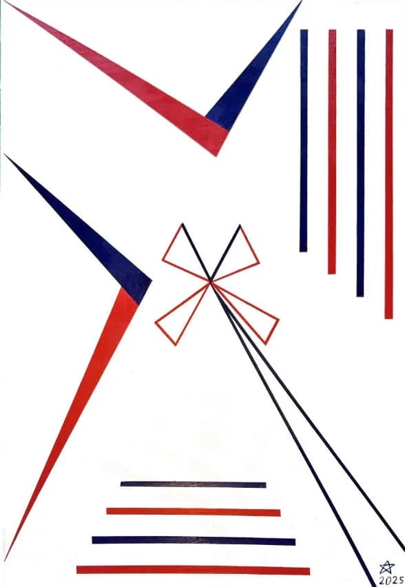Dynamic Harmony: A Bold Exploration of Red, Blue, and Geometric Forms in Contemporary Art