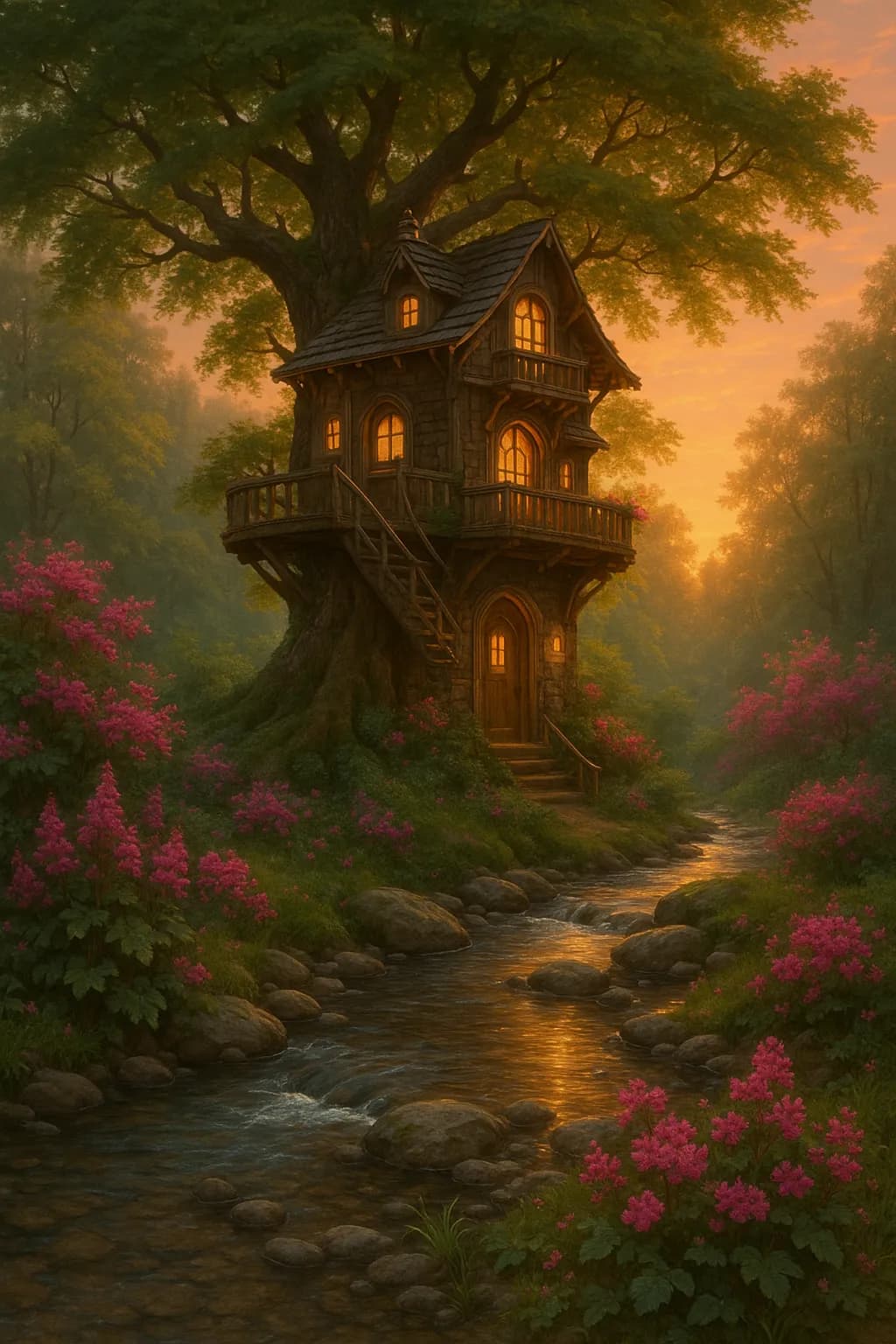 Casa de árbol a amanecer