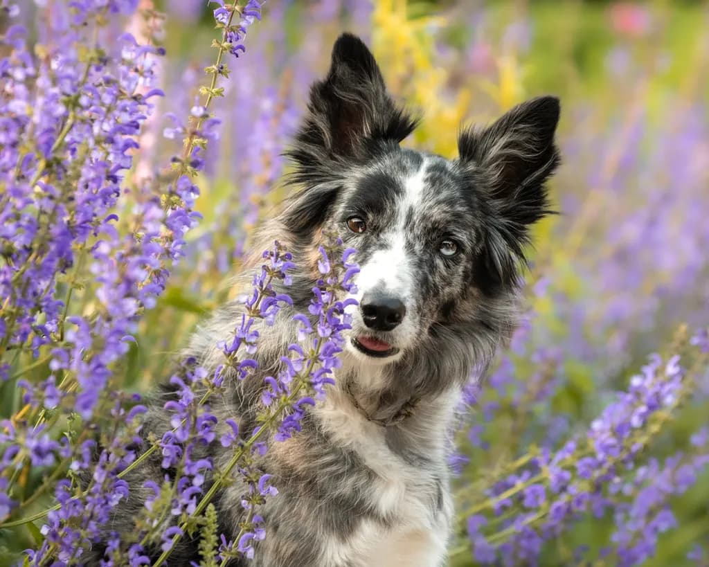 Whispers of Lavender: A Playful Pup Amidst Floral Dreams