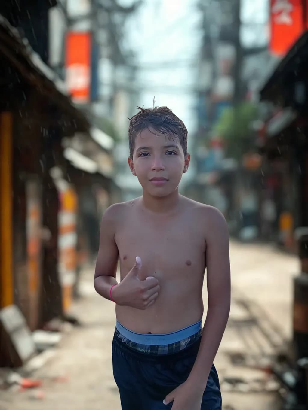 Urban Resilience: A Young Boy's Thumbs Up in the Rain-soaked Streets