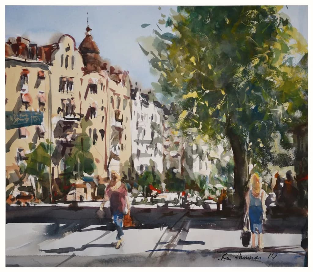 Urban Serenity: A Watercolor Journey Through Sunlit Streets and Lively Passersby