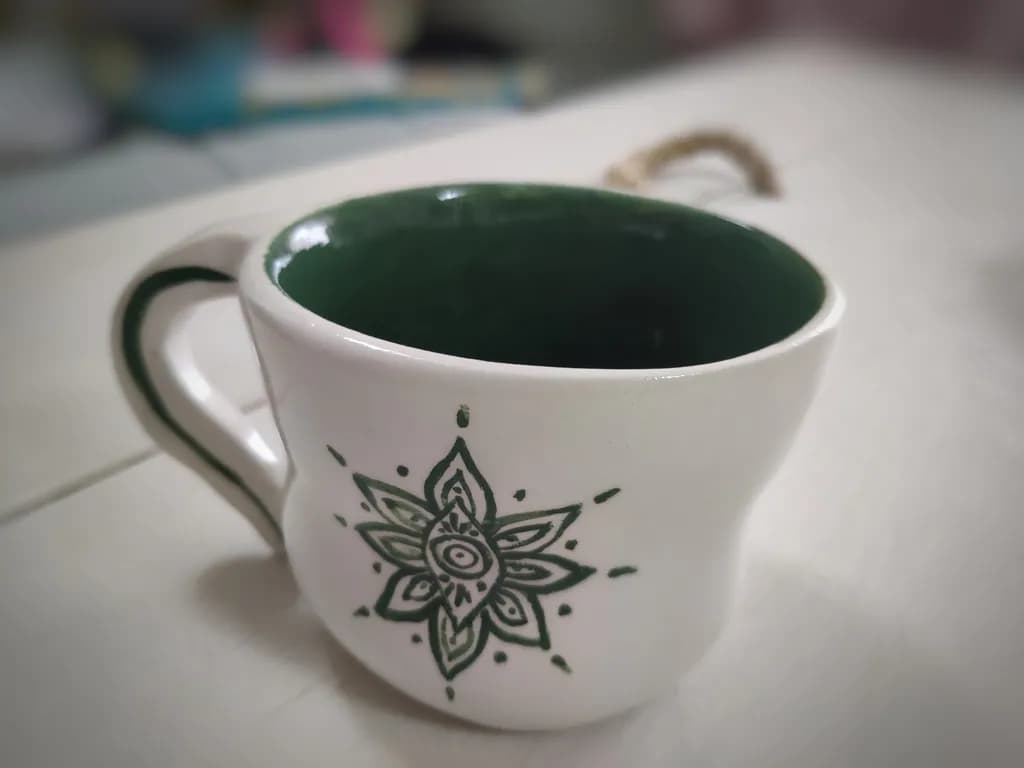 Serenity in Every Sip: Handcrafted Green and White Mandala Mug