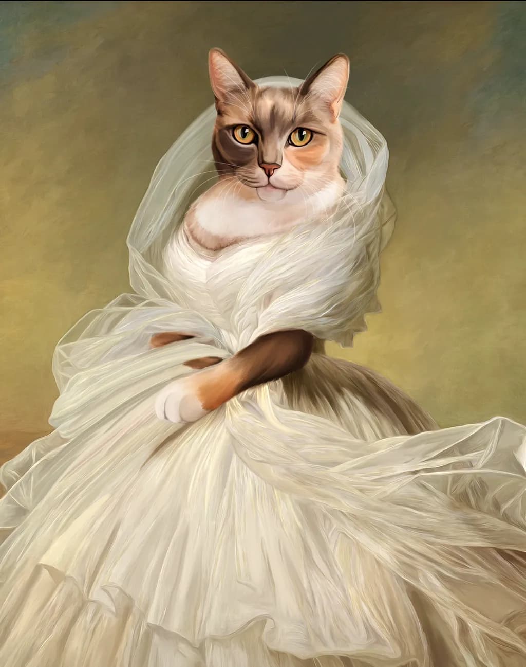 Whimsical Elegance: A Feline Bride in Ethereal White Drapery