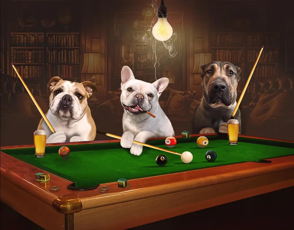 Paw-some Pool Party: Three Canine Companions Enjoying a Game of Billiards in a Cozy Lounge Setting