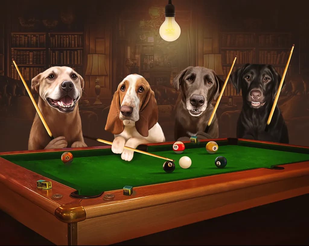 Canine Pool Party: A Playful Gathering of Pooches at the Billiards Table