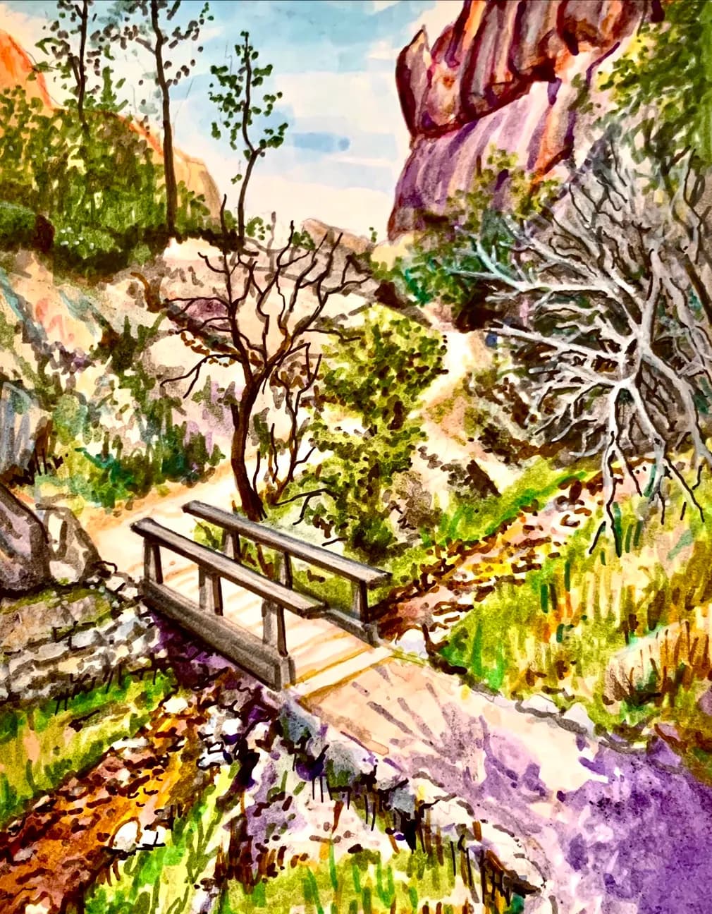 Whispers of Nature: A Bridge Between Worlds in Watercolor Serenity