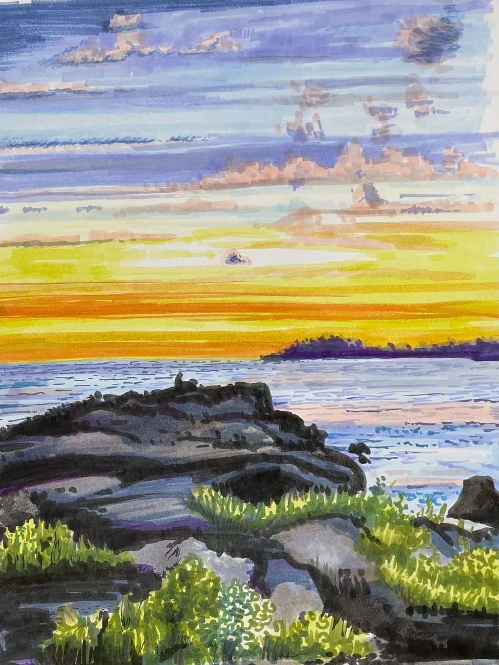 "Whispers of the Sunset: A Serene Landscape of Rocks and Water"