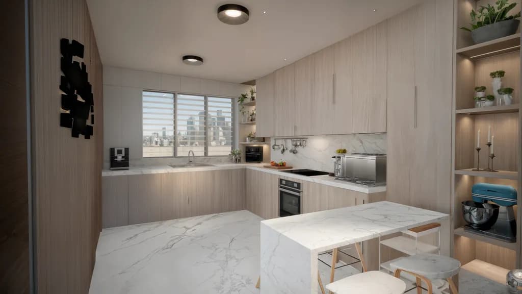 Modern Elegance: A Chic Kitchen Oasis with Marble Accents and Urban Views
