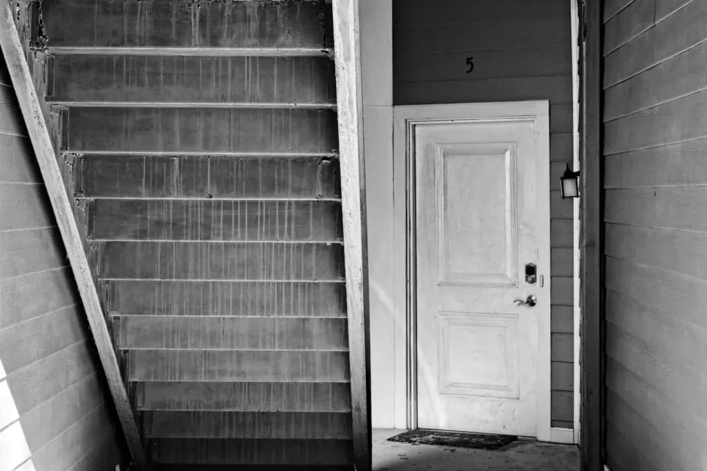 Monochrome Journey: The Silent Invitation of Stairs and Doorways
