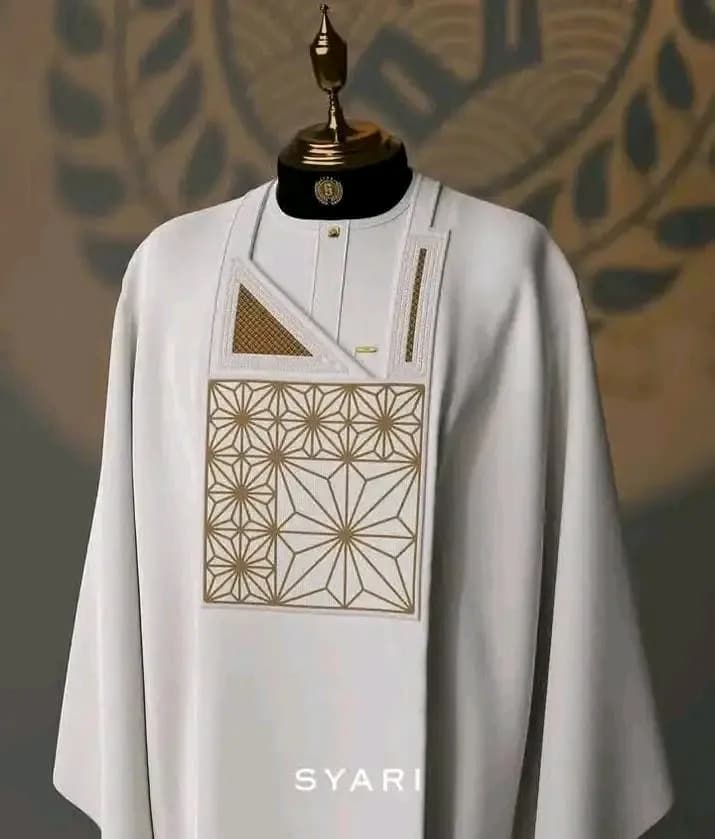 Elegant White Kaftan with Intricate Gold Geometric Embroidery for Modern Style and Tradition