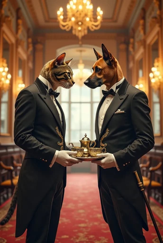 Whimsical Elegance: A Playful Encounter Between Feline and Canine Gentlemen