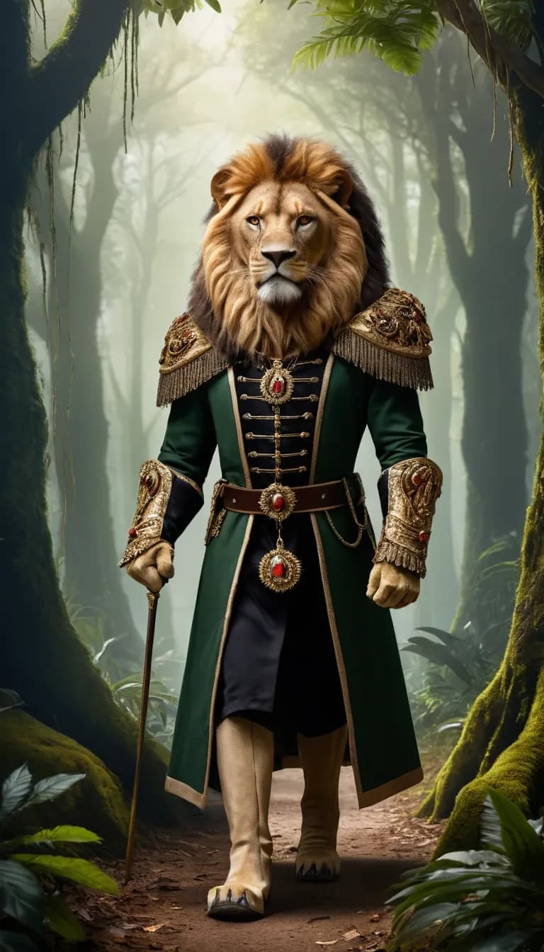 Regal Roar: The Majestic Lion in Royal Attire Amidst Enchanted Forests