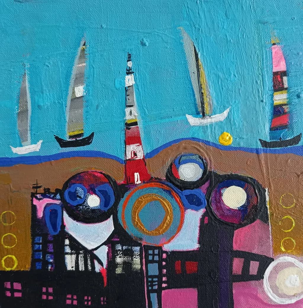 Vibrant Nautical Dreams: A Playful Abstract Landscape with Lighthouses and Sails