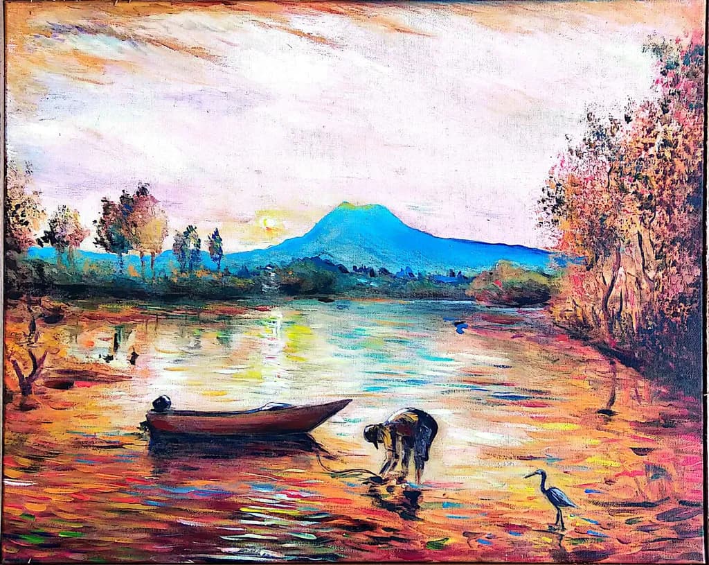 Serenity at Dusk: A Tranquil River Scene with Fisherman and Heron