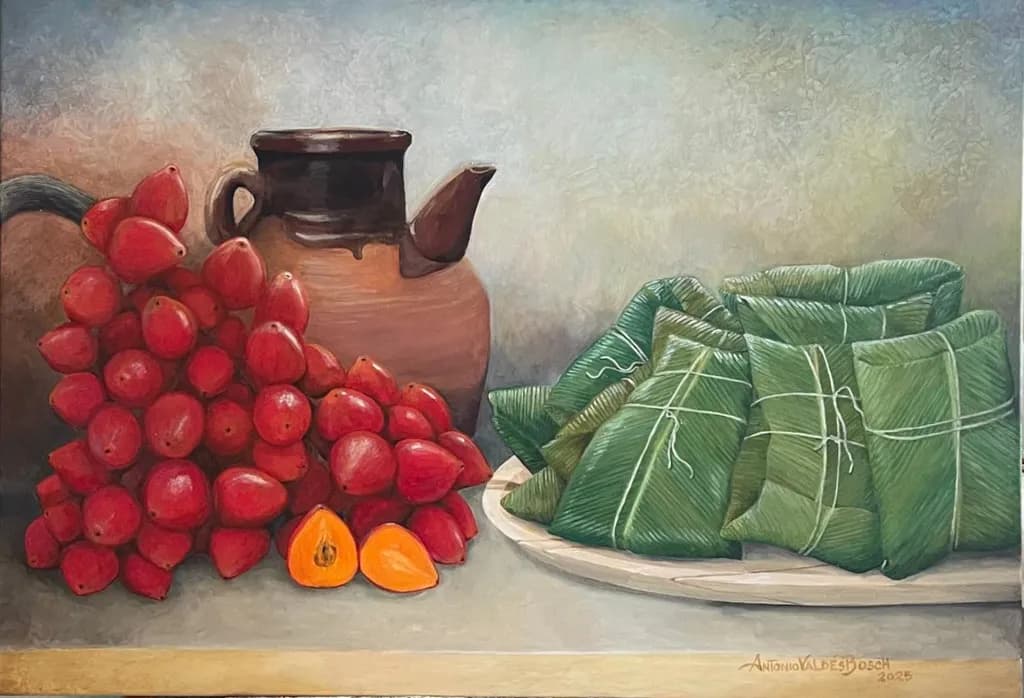 Vibrant Harmony: A Traditional Still-Life of Fruit and Ceramics