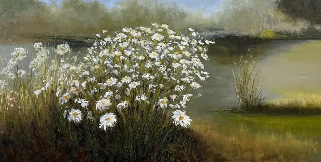 Whispers of Spring: A Serene Meadow of Daisies by the Water's Edge