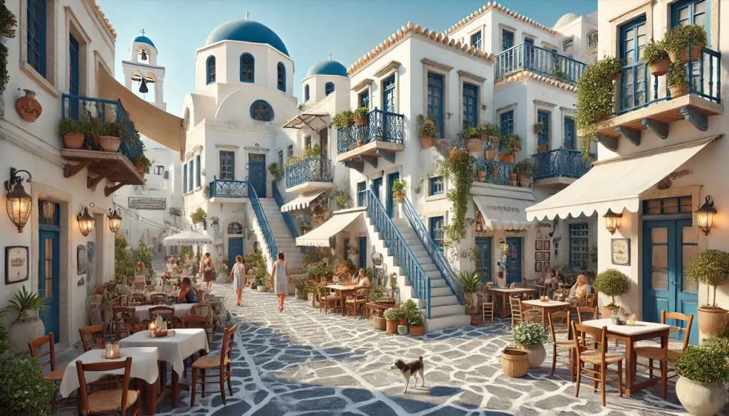 Charming Aegean Escape: A Serene Stroll Through a Sunlit Greek Village Square