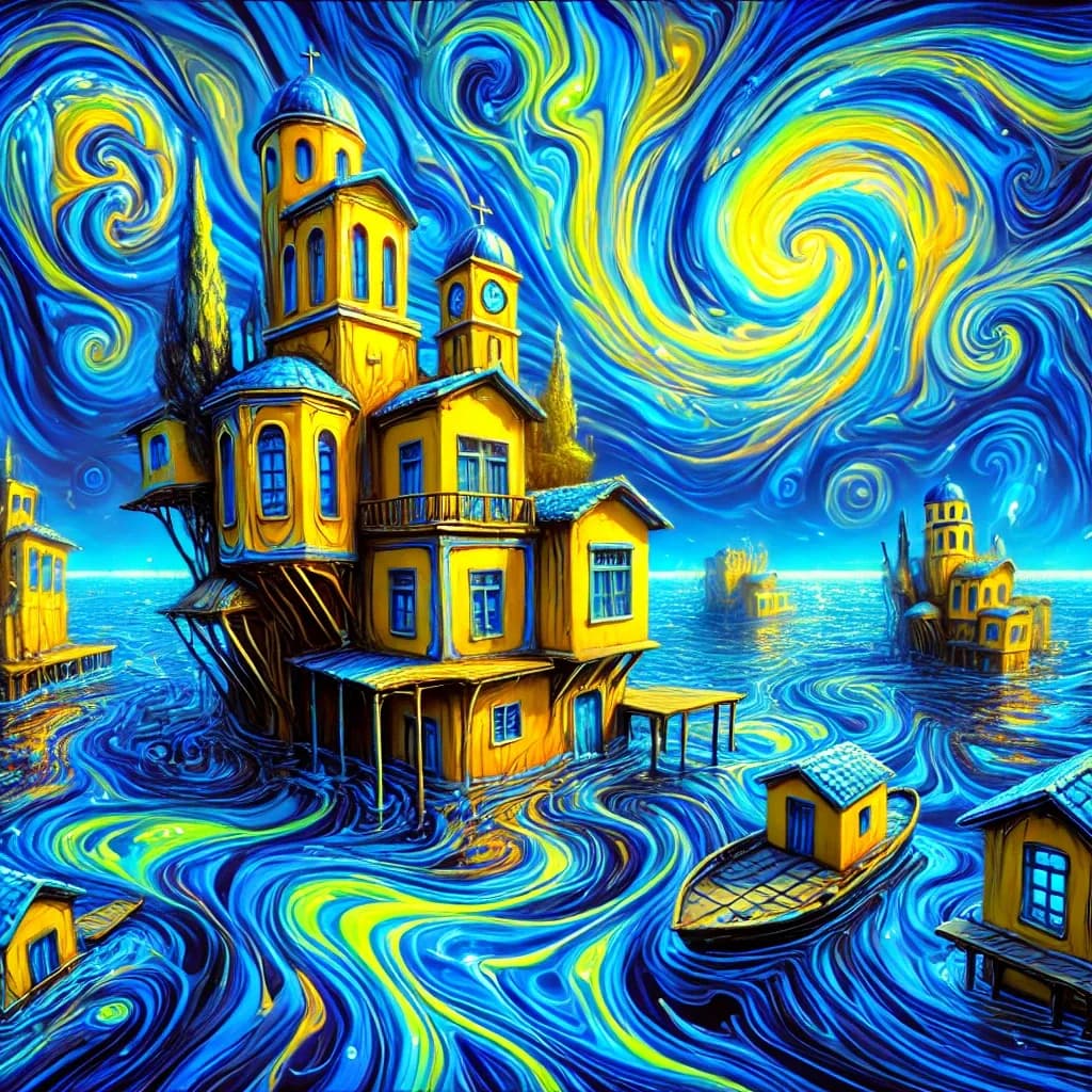 Whispers of the Azure Tide: A Dreamscape of Floating Yellow Abodes