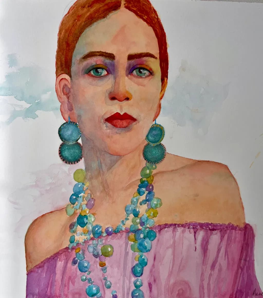 Vibrant Elegance: A Watercolor Portrait of Feminine Beauty Adorned in Jewelry