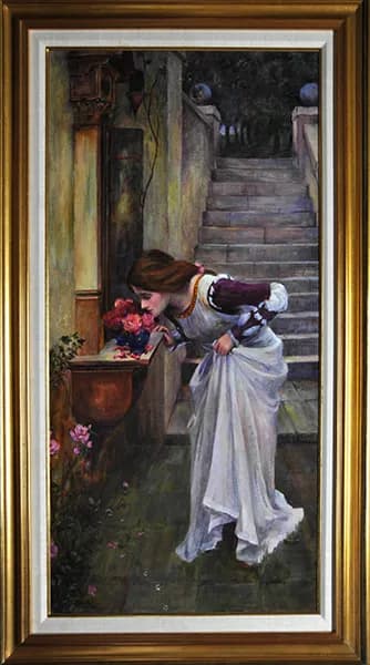 Whispers of Nature: A Young Woman's Enchantment with Blossoms on the Stairs