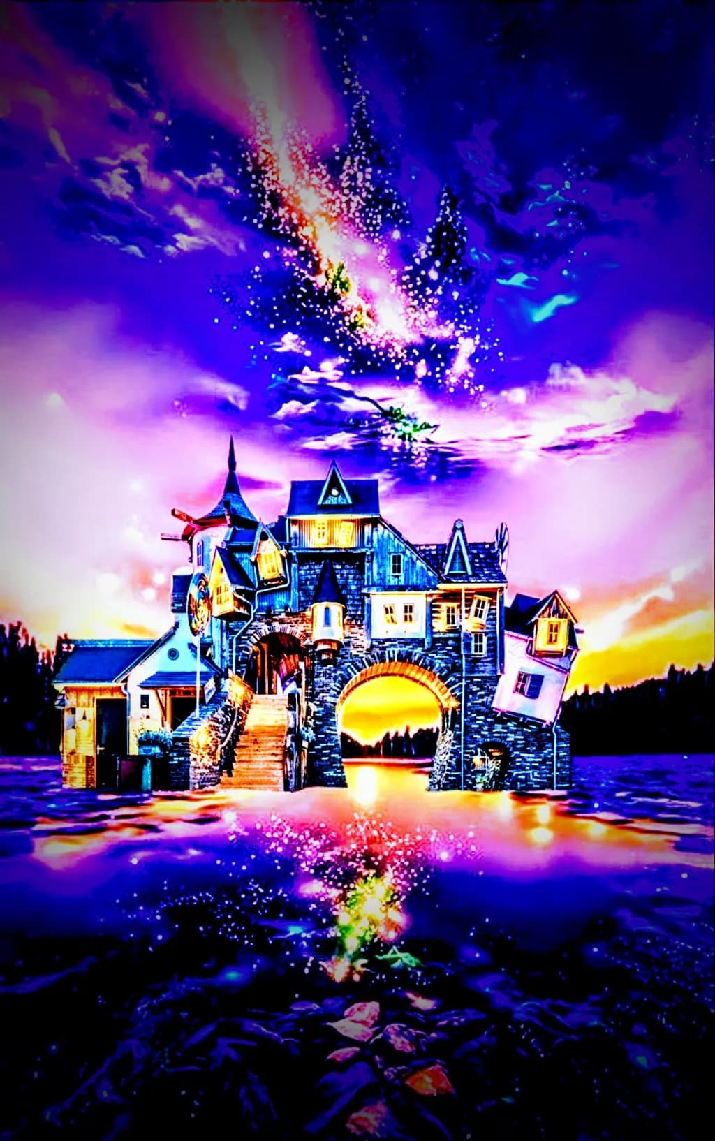 Whimsical Dreamscape: Enchanted House Under a Cosmic Sky