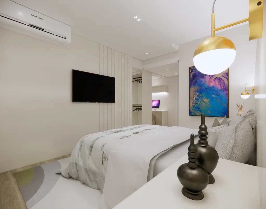 Serene Elegance: A Modern Bedroom Oasis with Artistic Touches