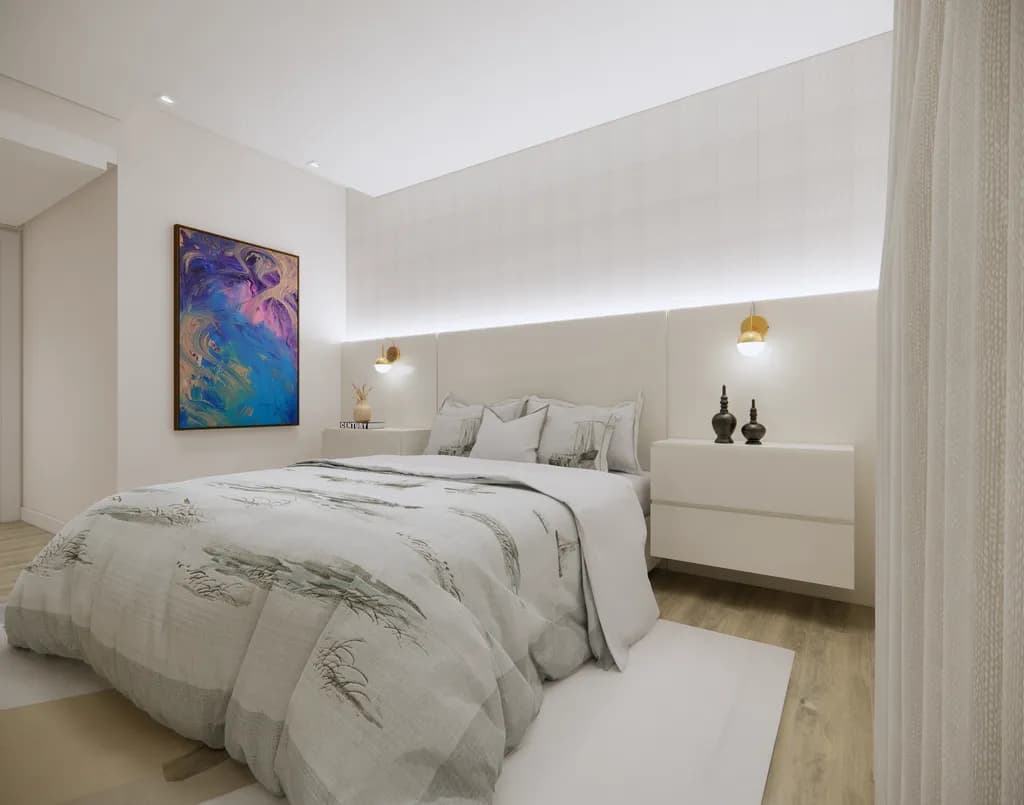 Serene Dreams: A Contemporary Bedroom Oasis with Vibrant Artistry