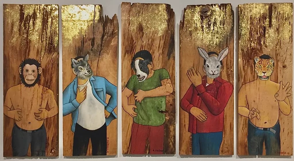 Whimsical Expressions: A Playful Fusion of Animal Masks and Human Emotion on Wood