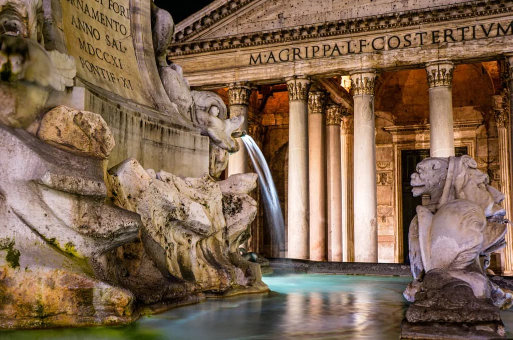 Eternal Echoes: The Majestic Pantheon and Its Serene Waters at Night