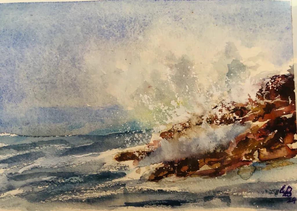 Whispers of the Ocean: A Serene Watercolor Dance of Waves and Rocks