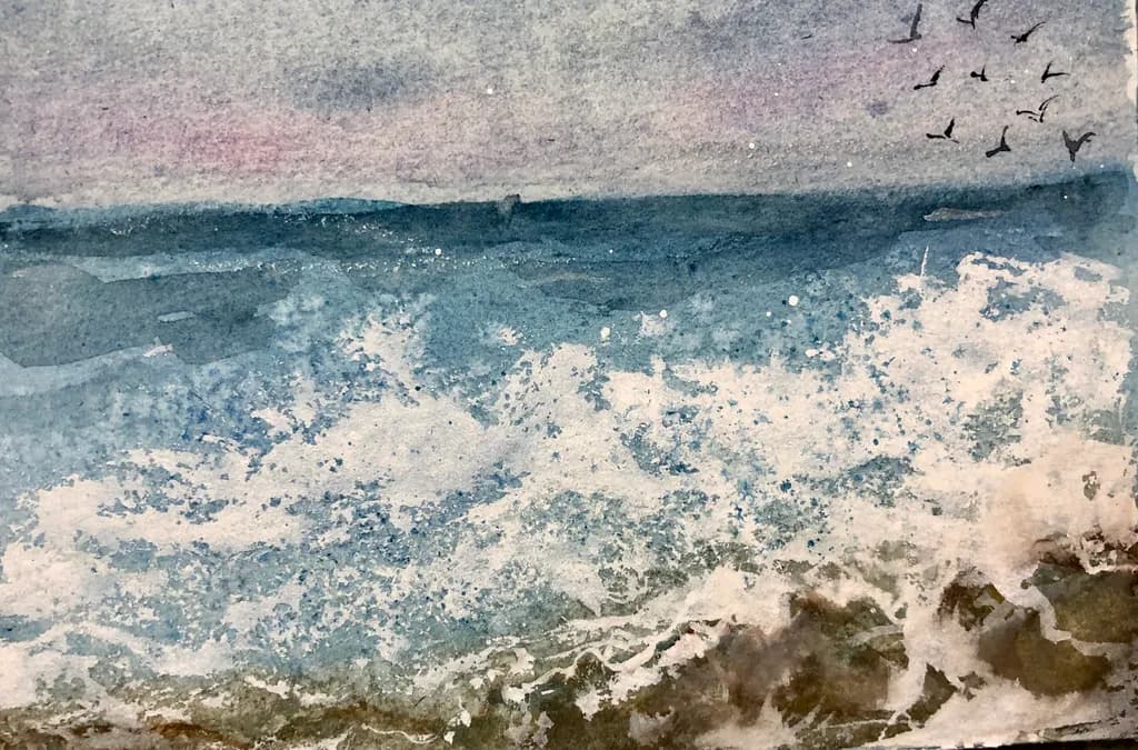 Whispers of the Ocean: A Serene Watercolor Journey Through Waves and Sky