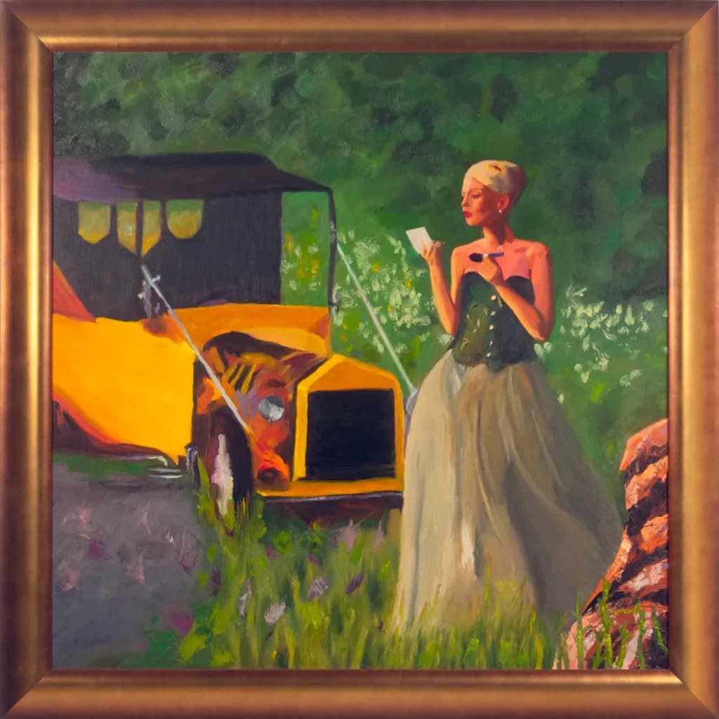 Whispers of Elegance: A Vintage Dreamscape with a Lady and Her Classic Car