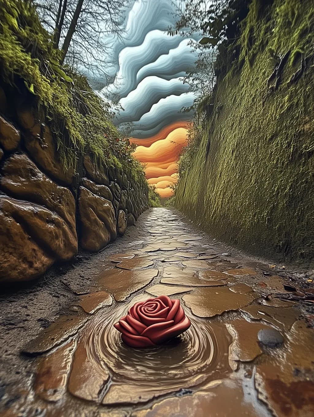 Serenity's Path: A Rose Reflected in Nature's Embrace