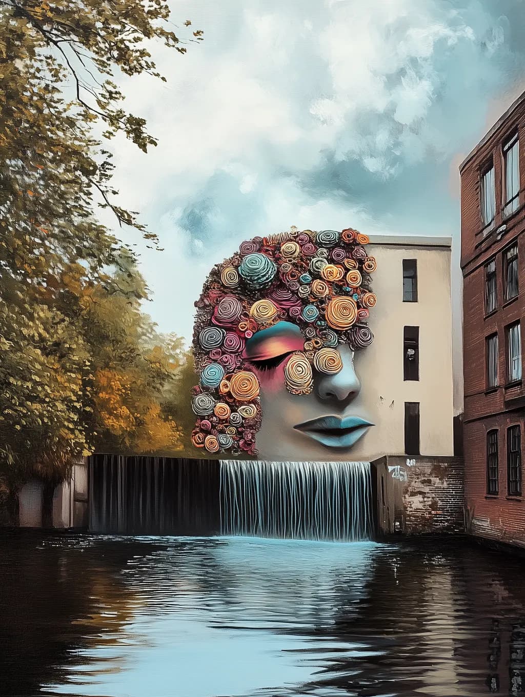 Urban Reflection: A Floral Waterfall Dreamscape