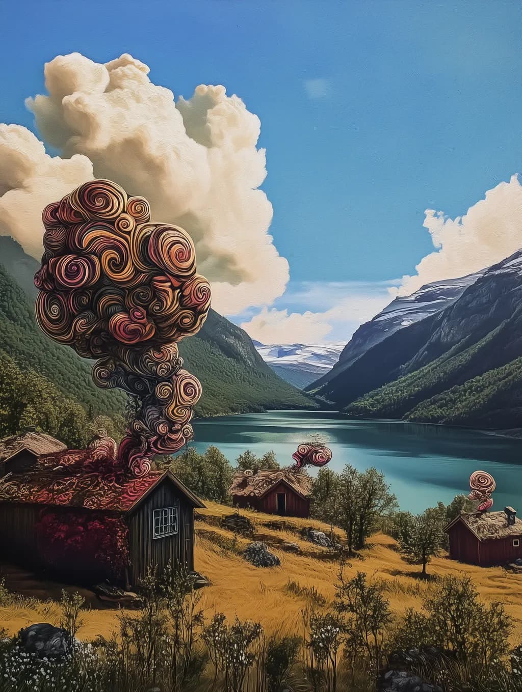 Whimsical Echoes: Spirals of Smoke Over Serene Waters