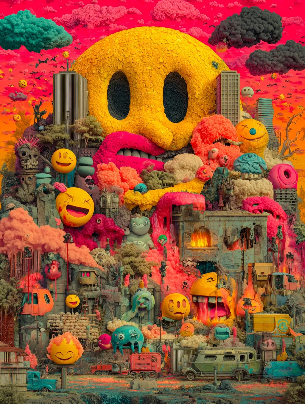 Whimsical Chaos: A Vibrant Journey Through Emotion and Expression in a Surreal Landscape