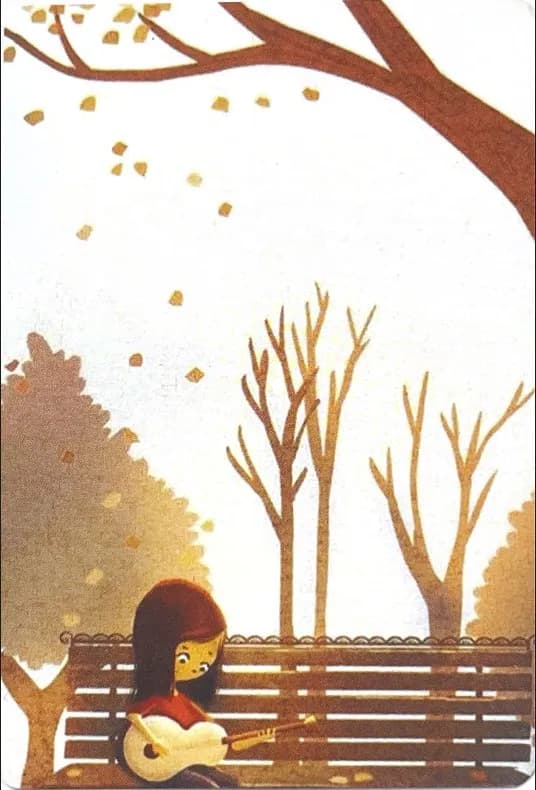Autumn Melodies: A Girl's Serenade Beneath Falling Leaves