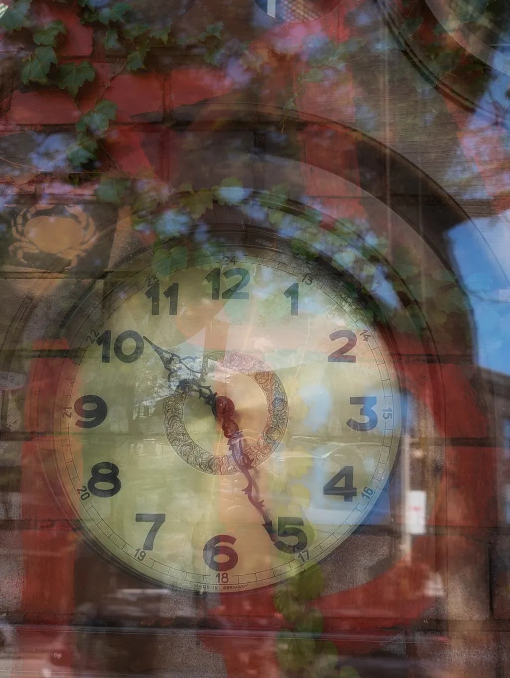 Whispers of Time: A Clock's Reflection in Nature's Embrace