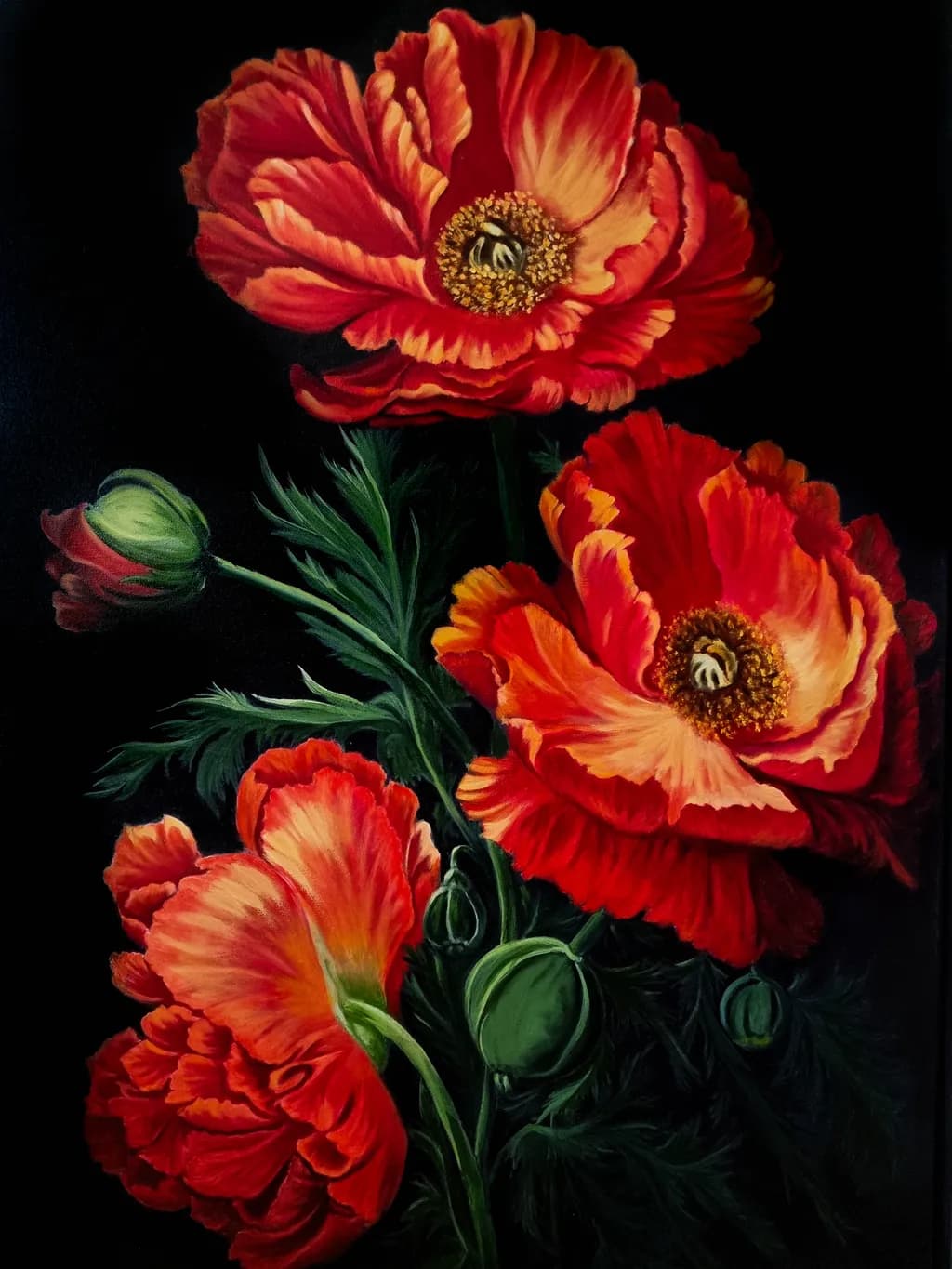 Vibrant Poppies: A Dance of Red and Gold on Black Canvas