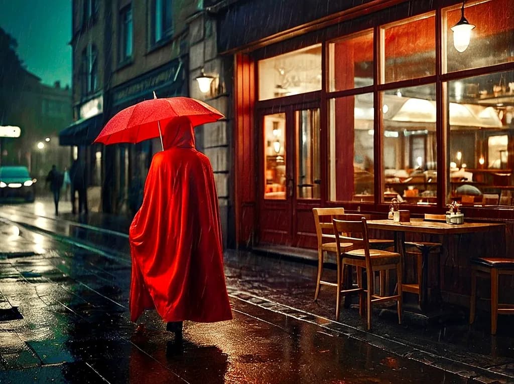 Urban Solitude: A Red Umbrella in the Rainy Evening Glow