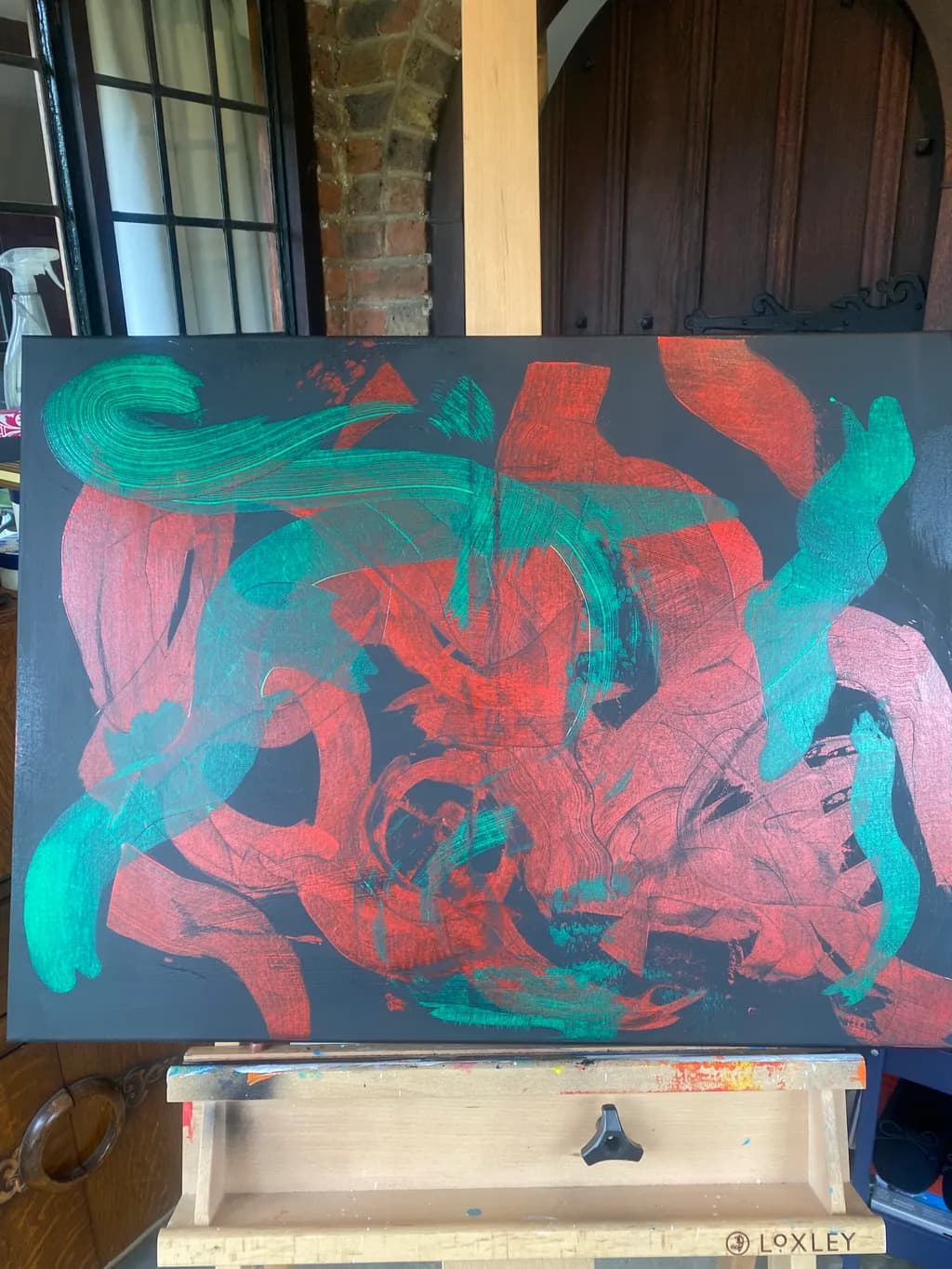 Vibrant Whispers: A Dance of Red and Green on Black Canvas