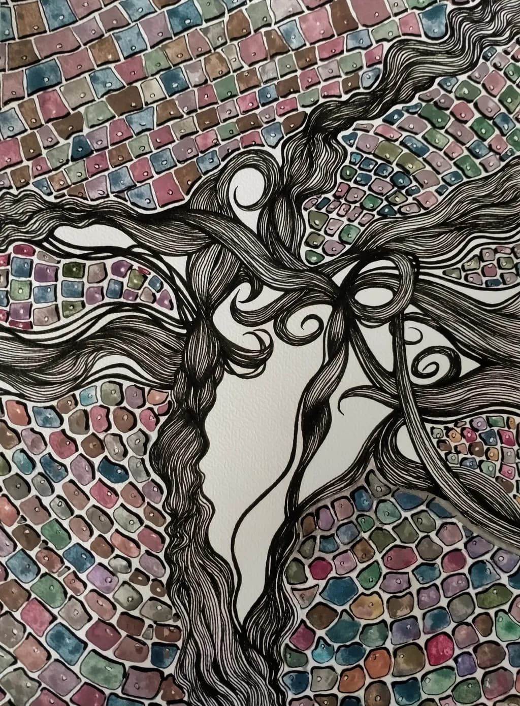 Whispers of Color: A Dance of Hair and Mosaic Patterns