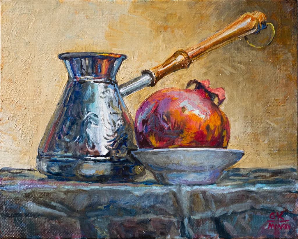 Pomegranate and Coffee Pot Still Life