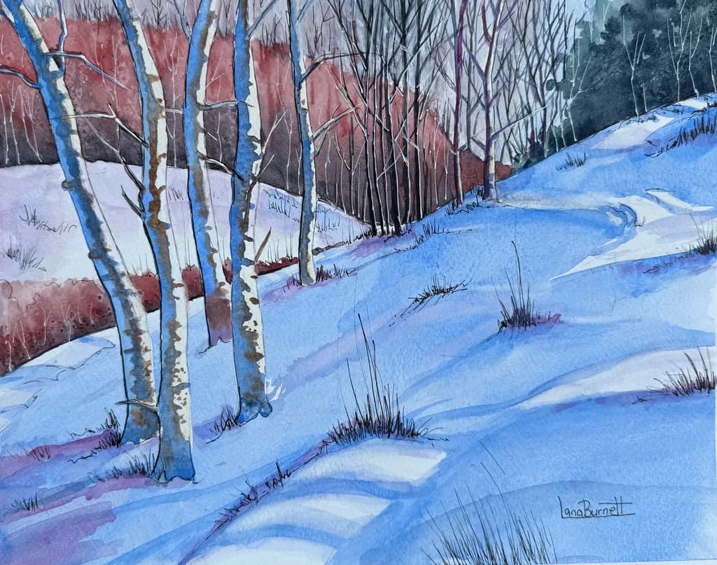 Whispers of Winter: A Serene Watercolor Landscape of Snow-Covered Trees