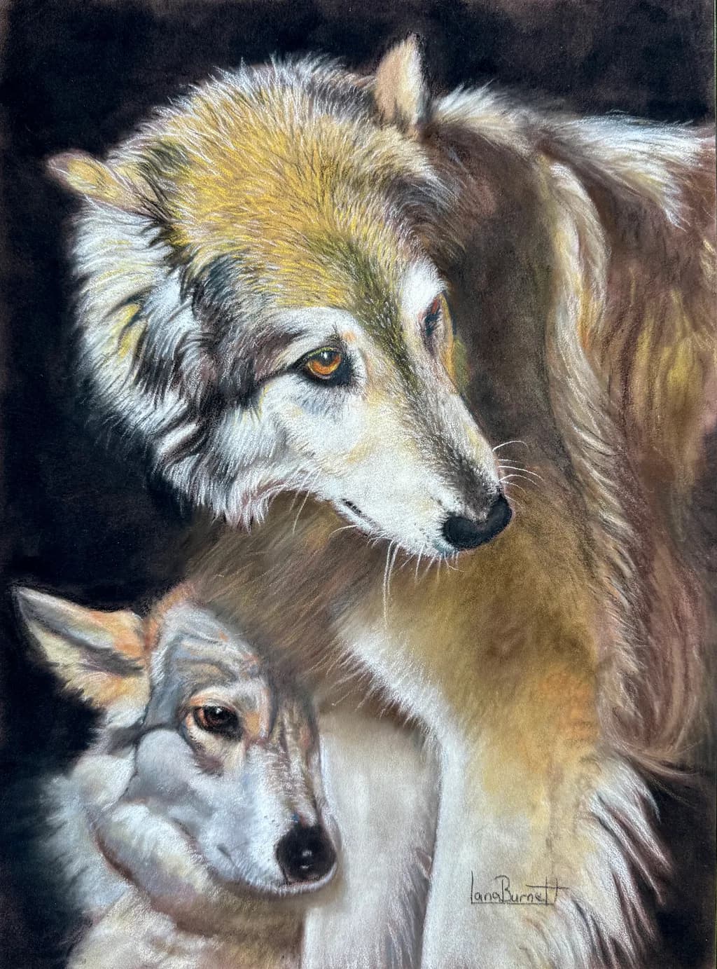 Whispers of the Wild: A Heartfelt Pastel Portrait of Wolves in Harmony