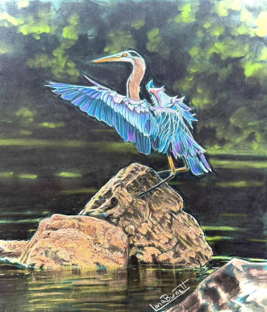 Majestic Heron: A Vibrant Pastel Portrait of Nature's Grace