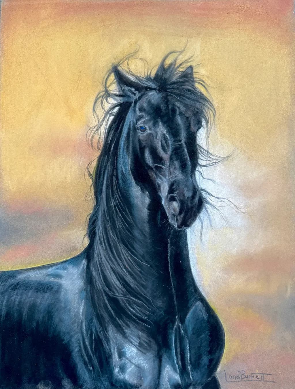 Majestic Black Stallion: A Heartfelt Pastel Portrait Capturing Strength and Grace