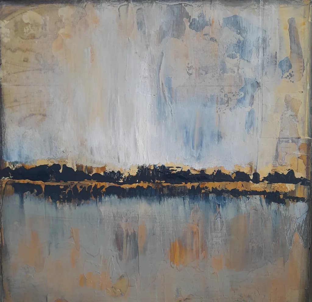 Whispers of Dawn: A Serene Abstract Landscape in Soft Hues and Bold Accents