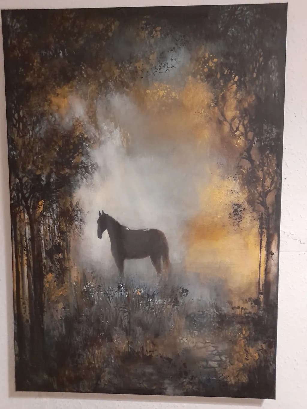 Whispers of the Mist: A Majestic Horse in a Golden-Hued Forest Dreamscape