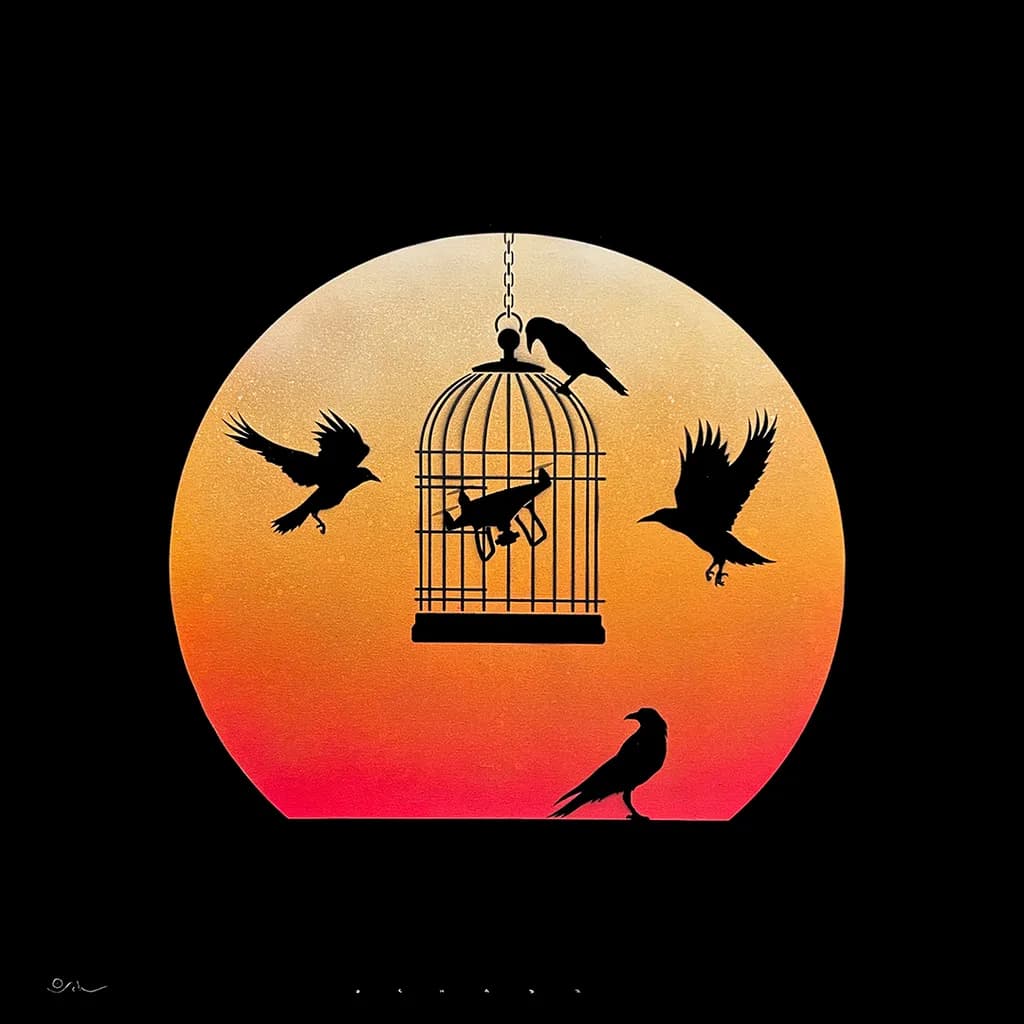 AI Surveillance Cage Sunset